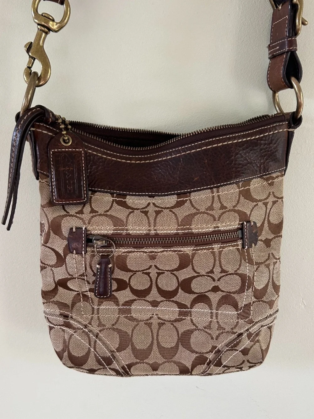 Coach Signature Tan and Brown Canvas Y2K Crossbody Bag With Leather Trim